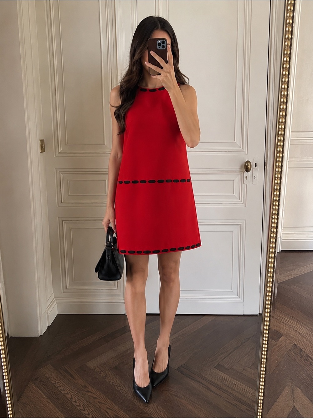 Moschino Couture Graphic Trim Shift Mini Dress Red Black Italy US 6 Luxury